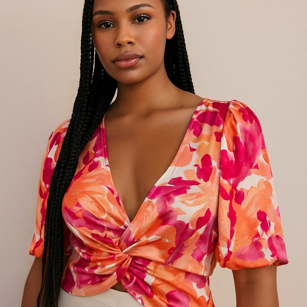 Astr Pink and Orange Floral Twist-Front Blouse